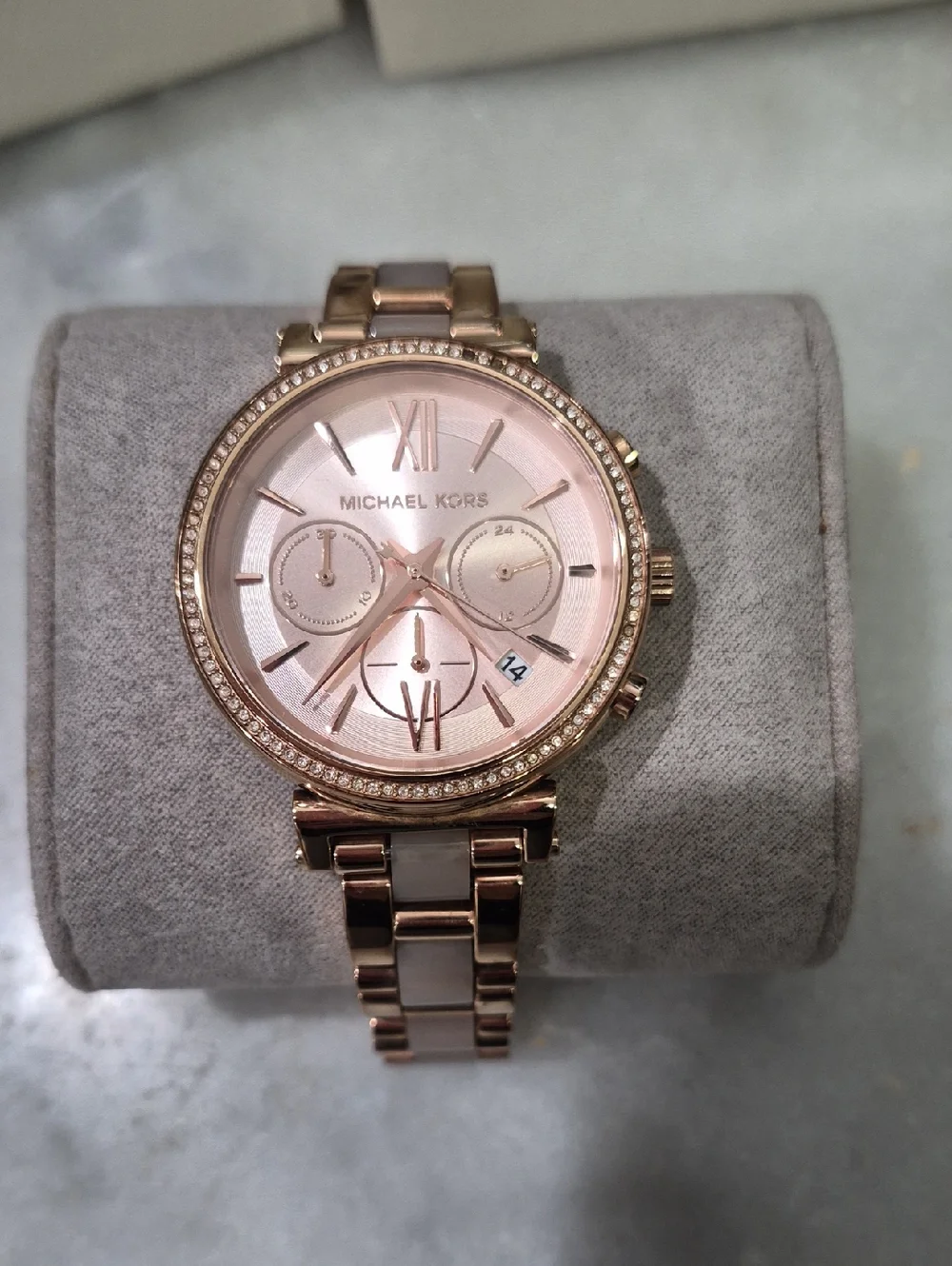 Michael Kors Rose Gold and Pink Dial Crystal-Accent Chronograph Watch - Picture 1 of 8